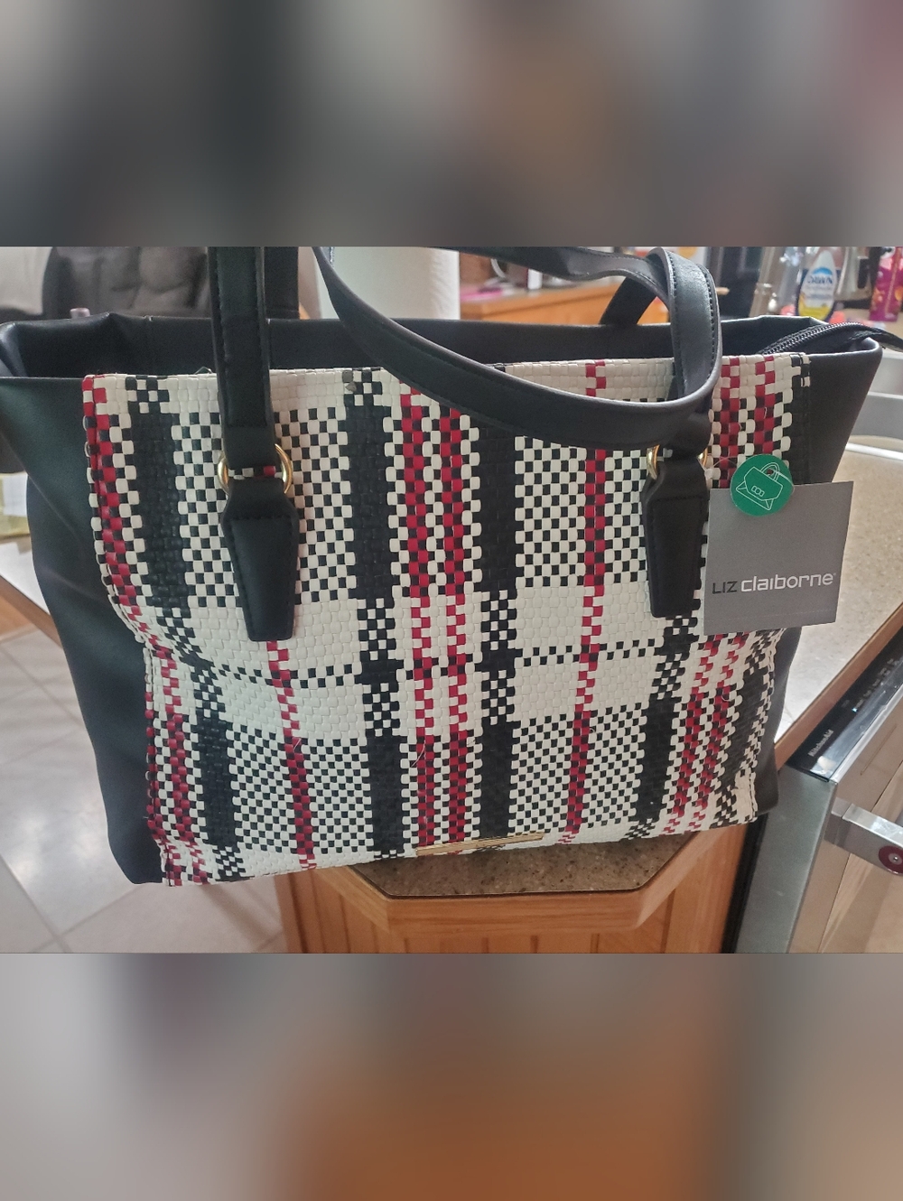 Brnd New With Rags. Liz Claiborne Black & White Woven Tote with Red Accents